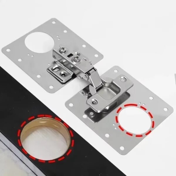 Huvudfästning för skåp och möbler med justerbart gångjärn, robust metall, modern design.
